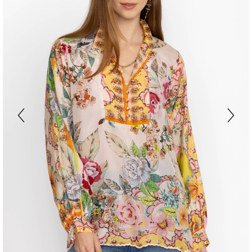 Johnny Was Rossy Abby 100% Silk Button-front Floral Long Sleeve Blouse